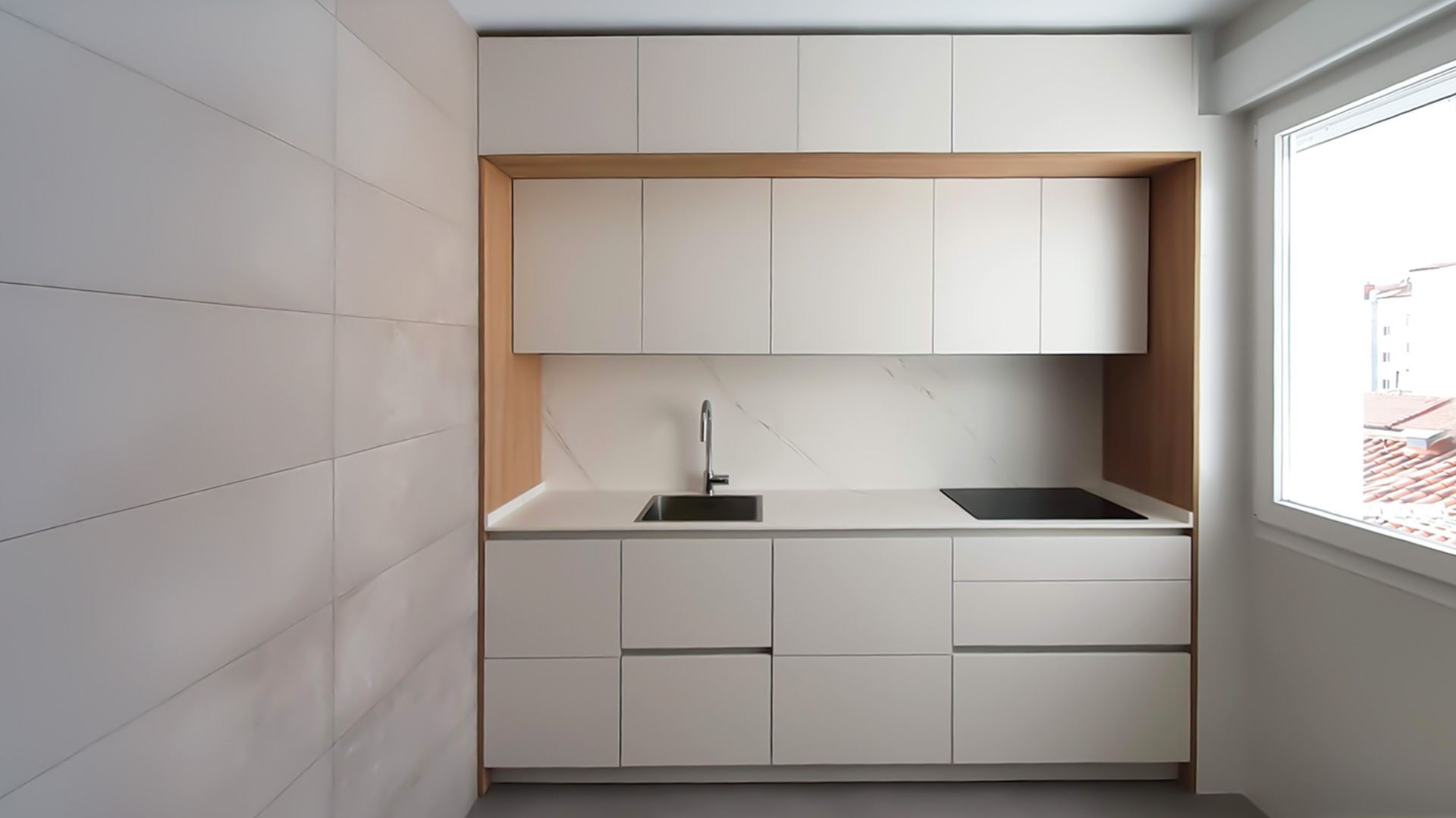 Vista general de cocina contemporánea con mobiliario integrado y diseño funcional