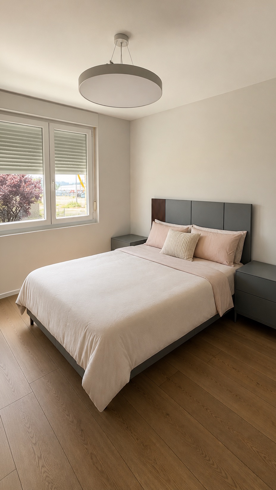 Dormitorio principal reformado OLLER 09 con cabecero tapizado gris con detalle de madera, luz natural y pavimento vinílico cálido