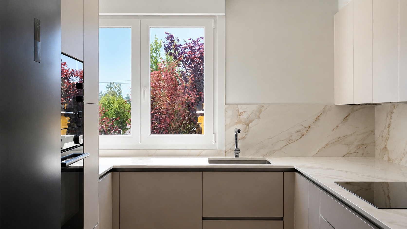 Cocina moderna OLLER 09 con fregadero bajo ventana, gola integrada, aplacado porcelánico Neolith Calacatta Roma y mobiliario INKO en acabado claro